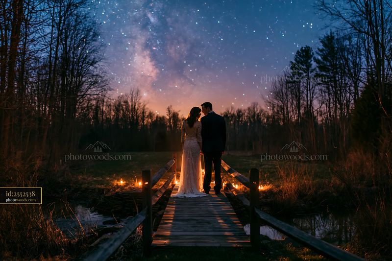 Couple stands together under stars on a bridge in a rural area