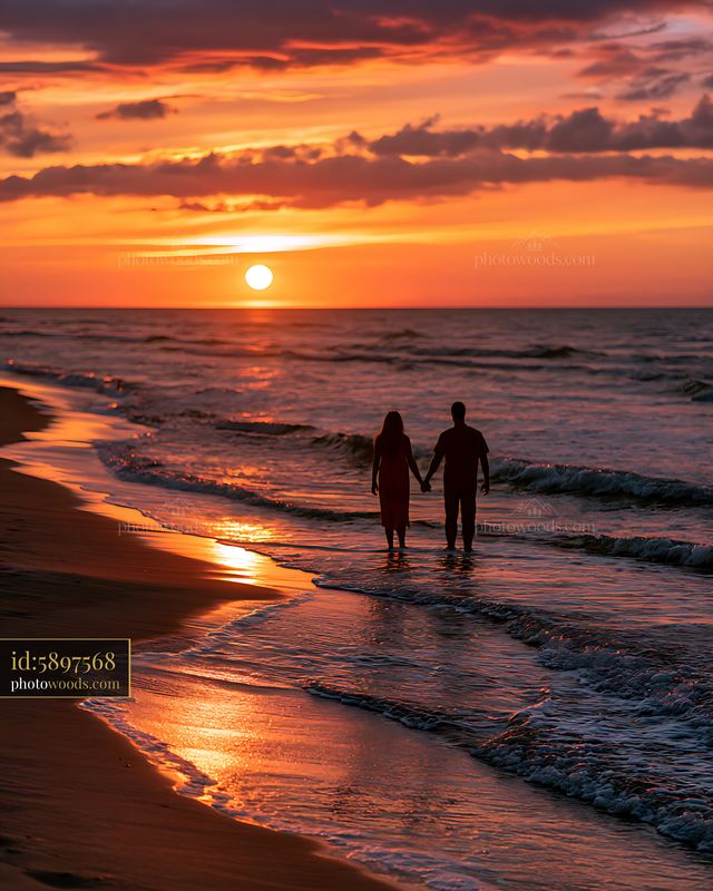 Couple walking on the beach during sunset with orange sky