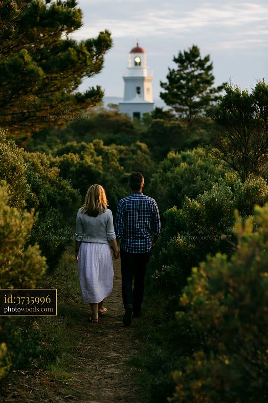 Lighthouse with a couple exploring the coast in nature