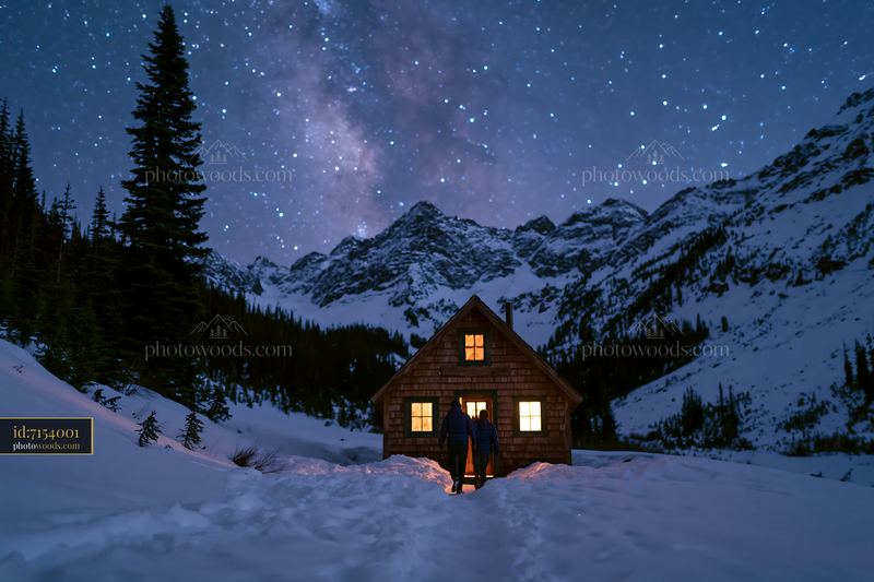 Couple under stars in snowy mountains near a cozy cabin