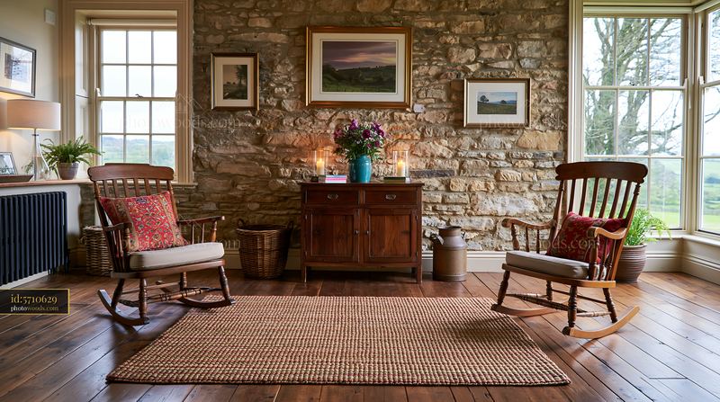Cozy farmhouse interior with exposed stone wall and wooden furniture