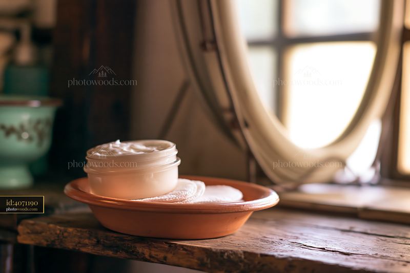 Cream dose beside cotton pads on wooden table