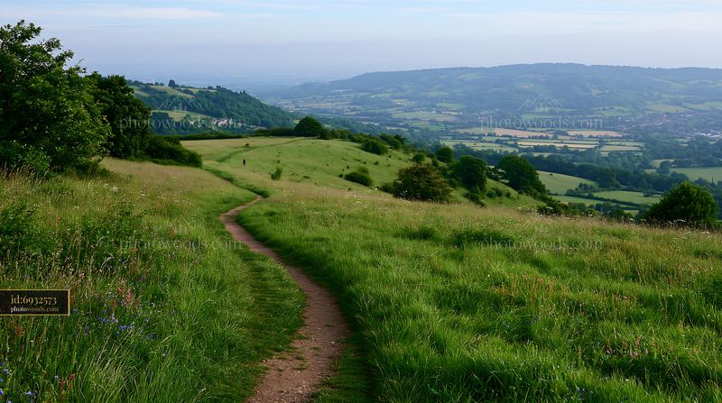 Curving footpath through wildflower meadow in green landscape