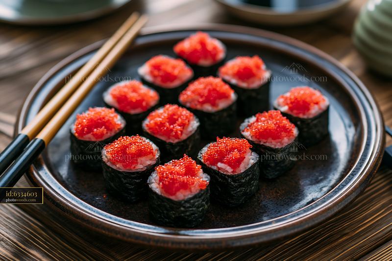 Tobiko roe sushi platter with chopsticks on a wooden table