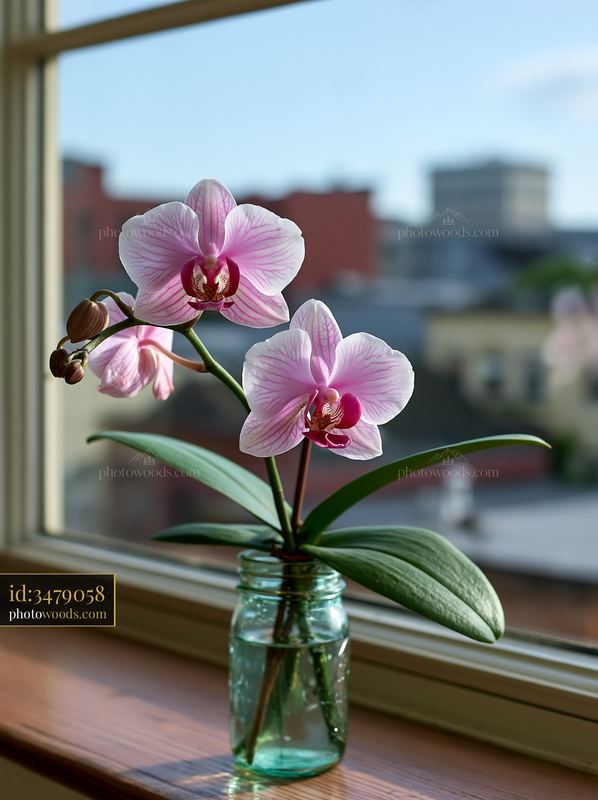 Orchid flower on windowsill in a modern city setting