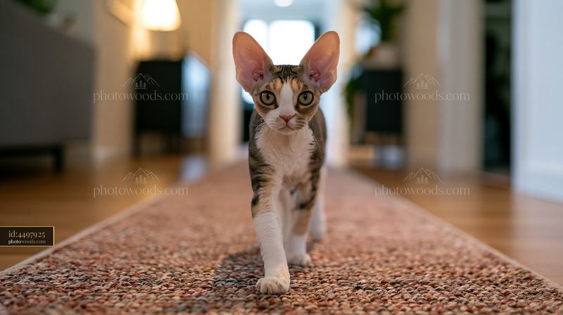 Curious Devon Rex cat with large ears walking down a hallway