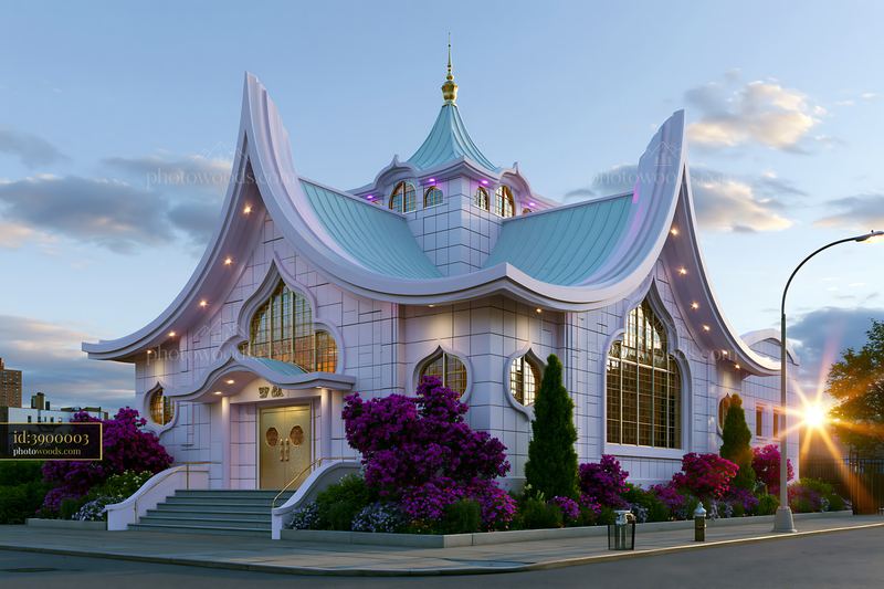 Unique architectural building with flowers in a city setting