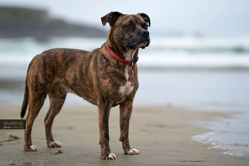 Rare dog breed brindle coat standing on a sandy beach