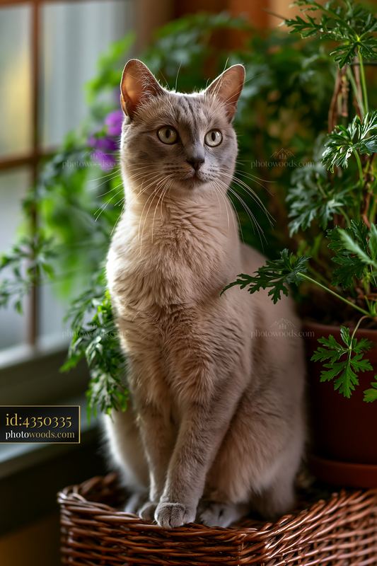 Dwelf cat portrait in a cozy indoor setting with green plants