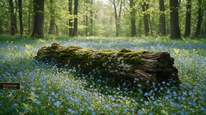 Shaded meadow in woodland clearing with a fallen log