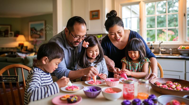 Parents help children decorate cookies together in the kitchen