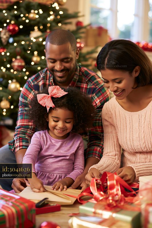 Parents teaching children gift wrapping during Christmas