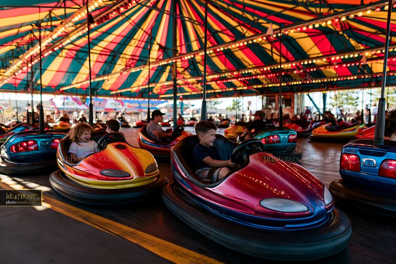 Family enjoys a fun day riding bumper cars at an amusement park