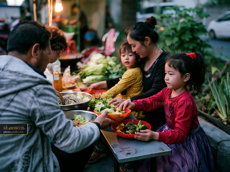 Family enjoying food at outdoor stalls in a market