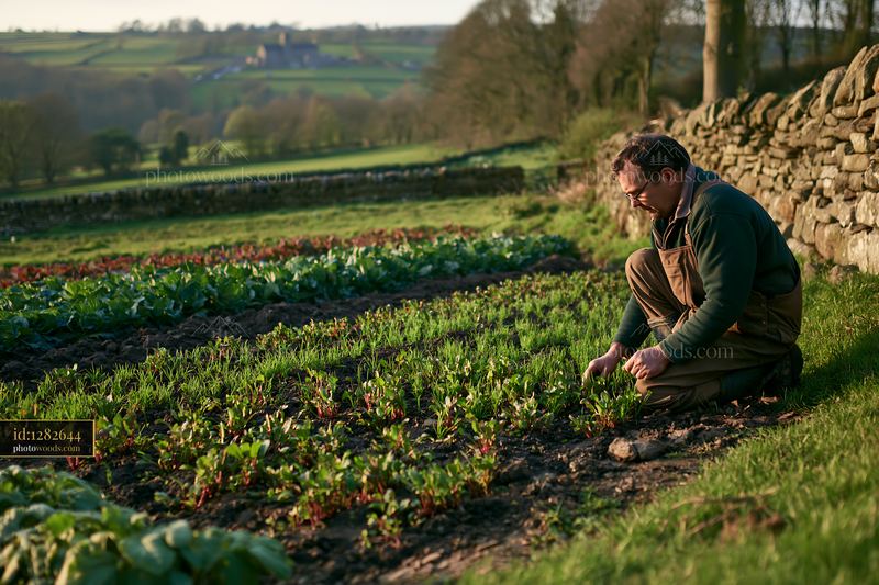 Farmer inspects crops in a sunny meadow