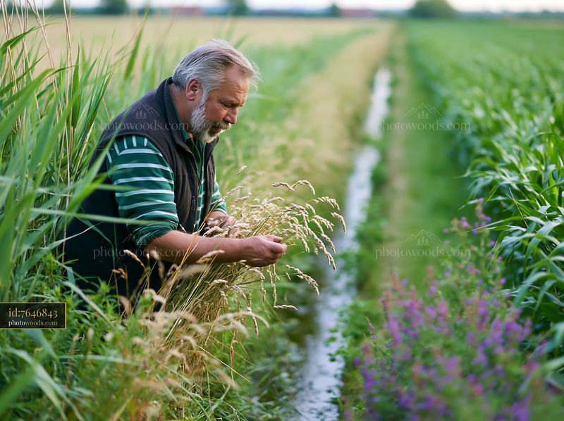 Farmer inspecting meadow crops near a water channel