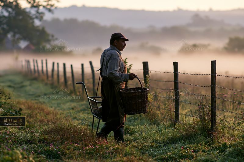 Fog drifting across meadow with farmer collecting harvest