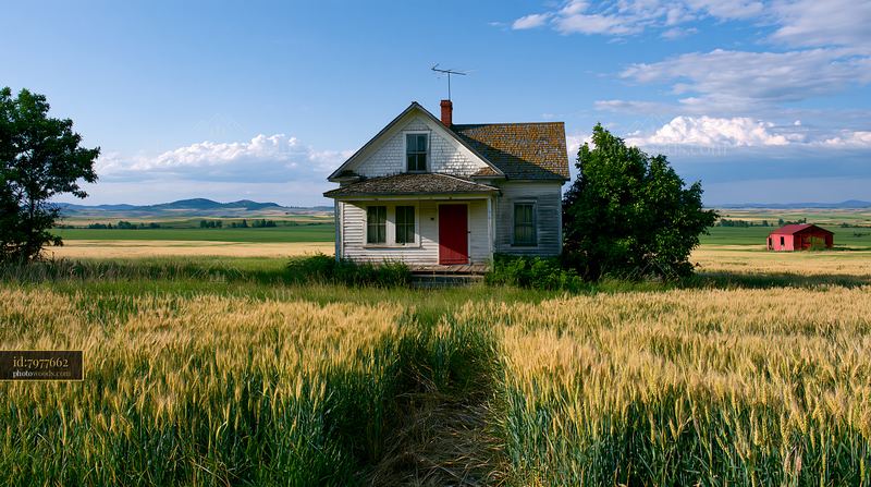 Farmhouse surrounded by wheat fields and a distant red barn
