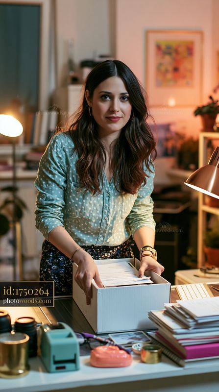 Female entrepreneur organizing files at desk in a bright office