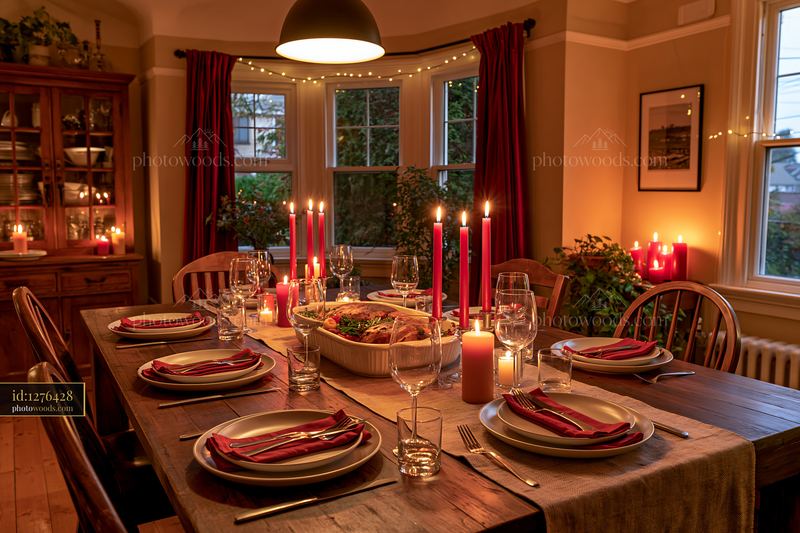 Festive dining room with candles and table set for guests