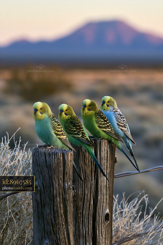 Flock of budgerigars perched on a wooden post in a desert
