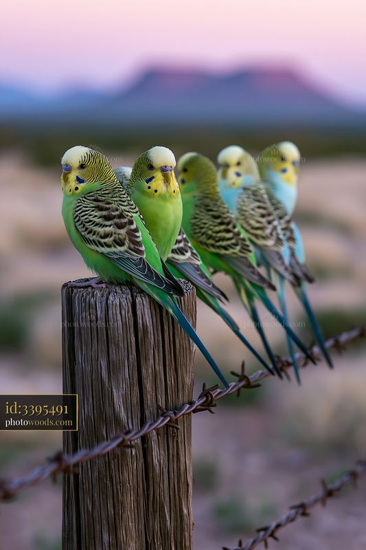 Budgerigars perched on post in desert landscape