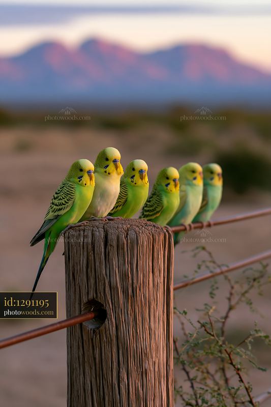 Budgerigar flock resting on a post in desert landscape