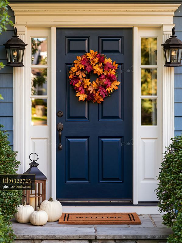 Front door with wreath and welcome mat and autumn pumpkins