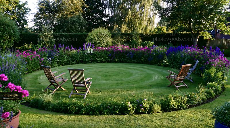 Delphinium flower border with seating in a garden setting