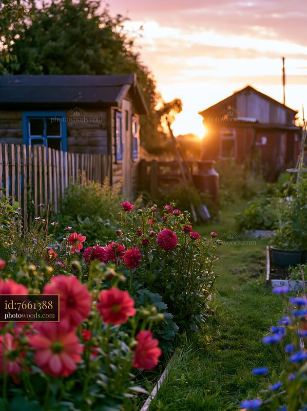 Empty garden house beside a flower garden at dusk