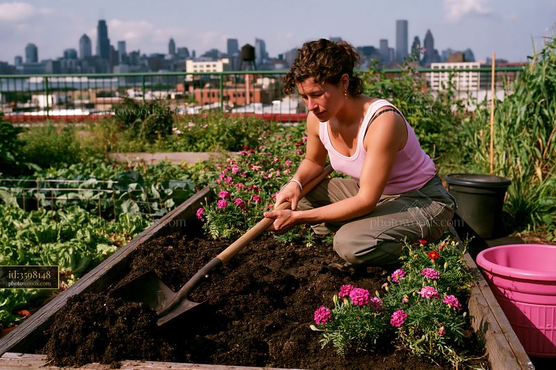 Gardener tending to marigold flower bed in urban garden