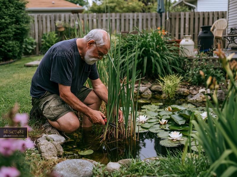 Gardener tending to plants by a small pond with white water lilies