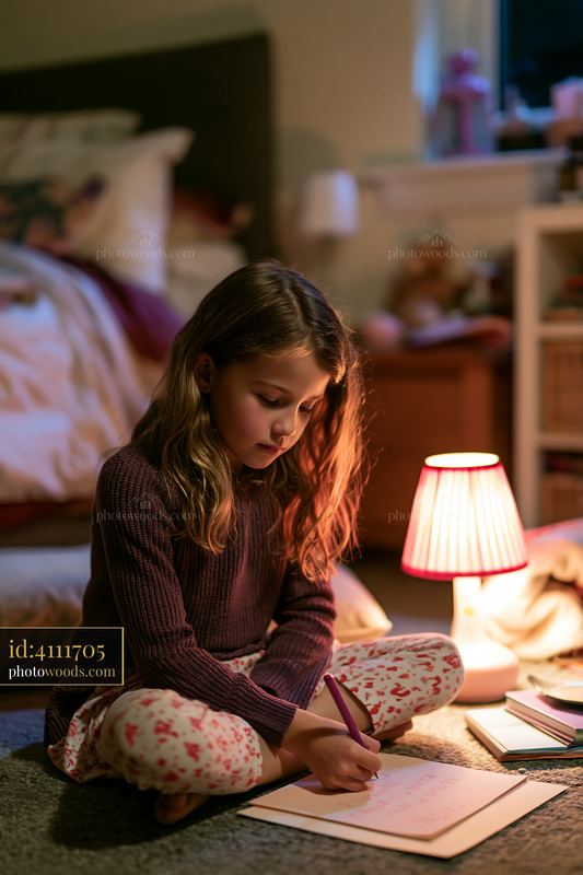 Children writing wish lists in a cozy bedroom at night