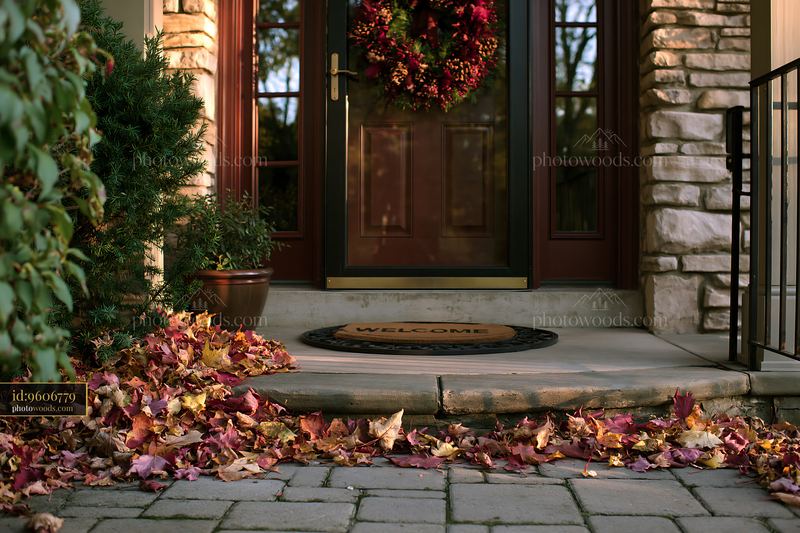 Glass front door with wreath and welcome mat in autumn setting