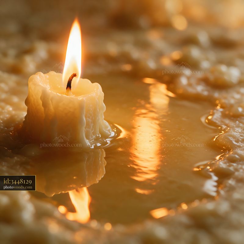 Macro photograph of a glowing candle flame and melted wax