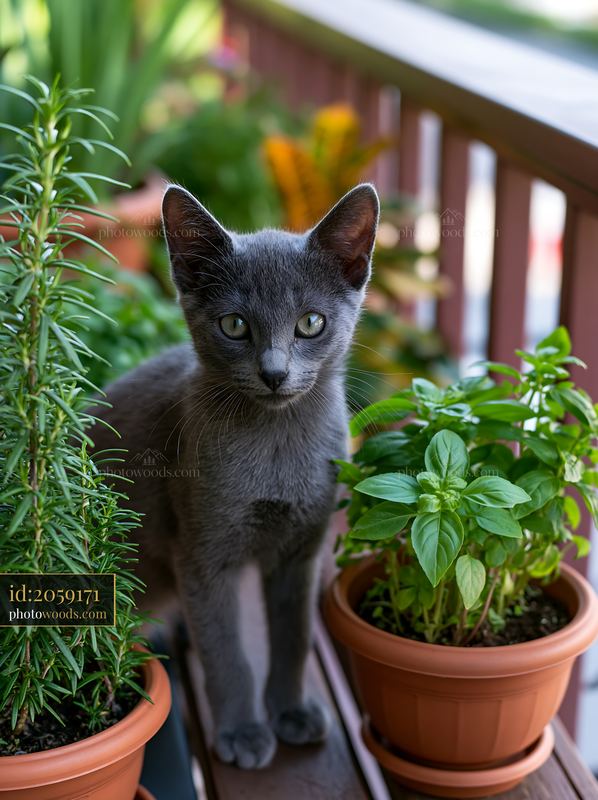 Selkirk Rex cat portrait among potted plants on a balcony