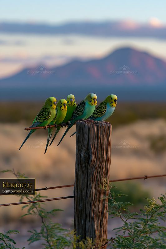 Flock of budgerigars perched on a post in desert landscape