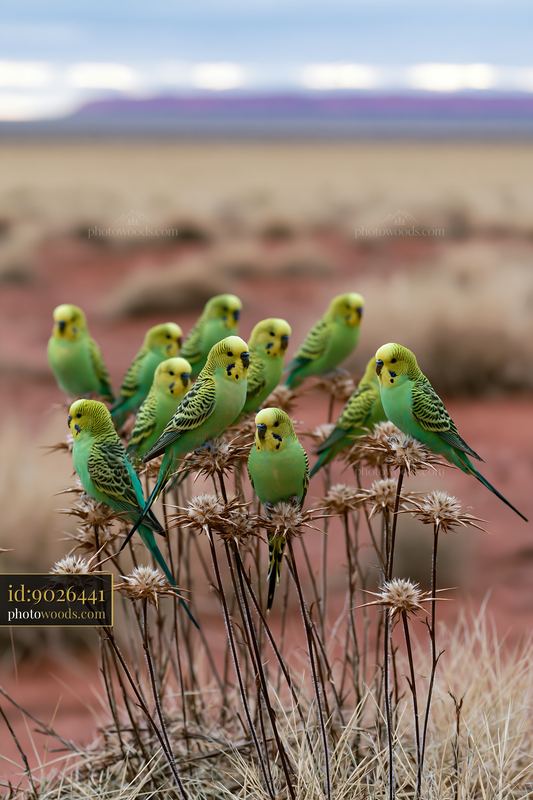 Flock of budgerigars perched on plants in a desert landscape