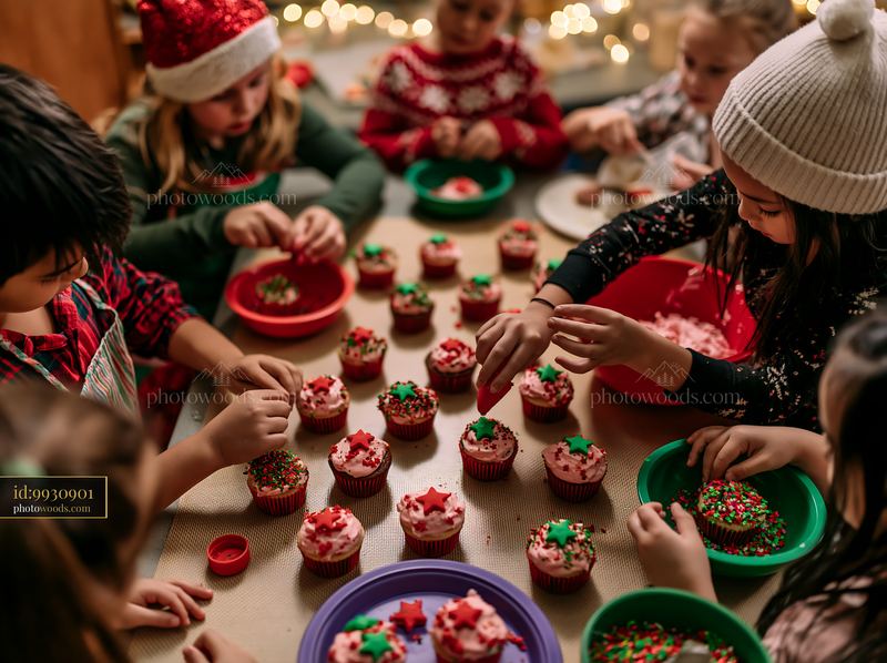 Children decorating cupcakes for Christmas with colorful toppings
