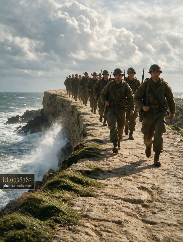 Soldiers marching together along a coastal path