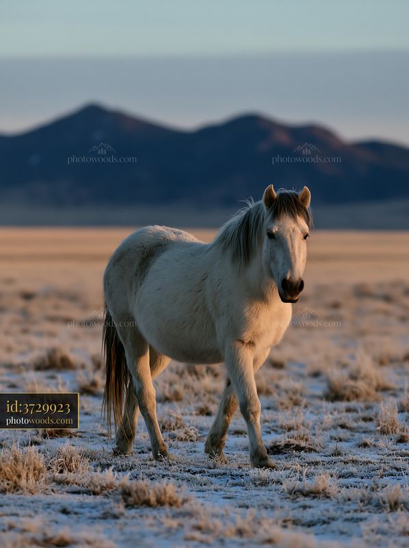 Wild horses walking in remote wilderness landscape at dawn