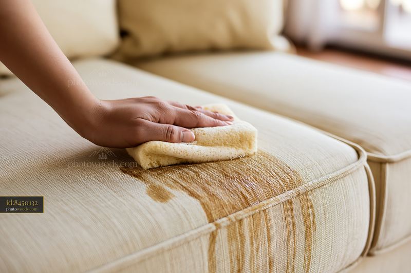 Hand using a sponge cleaning upholstery stain on a couch