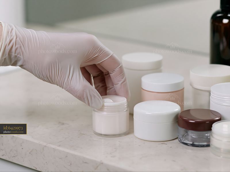 Cream dose beside unbranded cosmetic containers on a counter