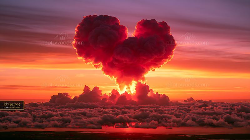 Heart-shaped cloud formation at sunset over a horizon