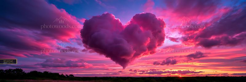 Heart-shaped cloud in vibrant sunset sky over a landscape