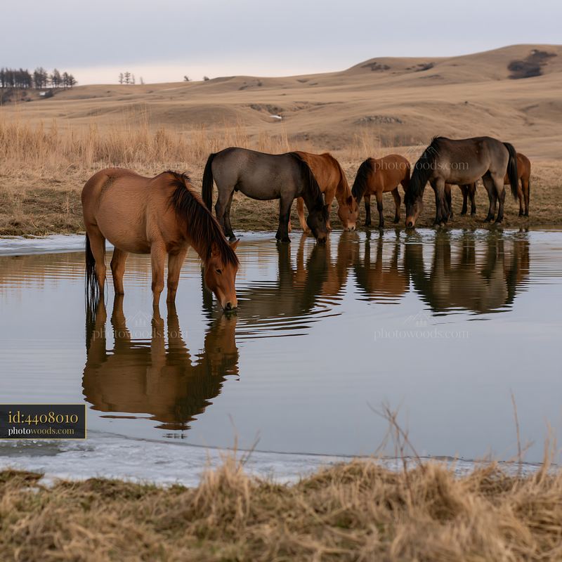 Wild horse herd drinking at pond with reflections