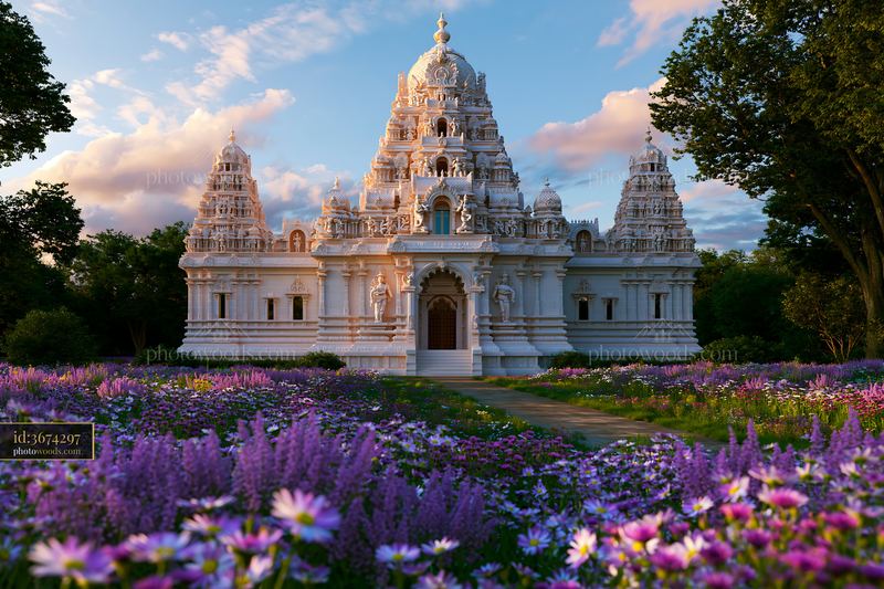 Hindu temple surrounded by colorful flowers in a garden setting