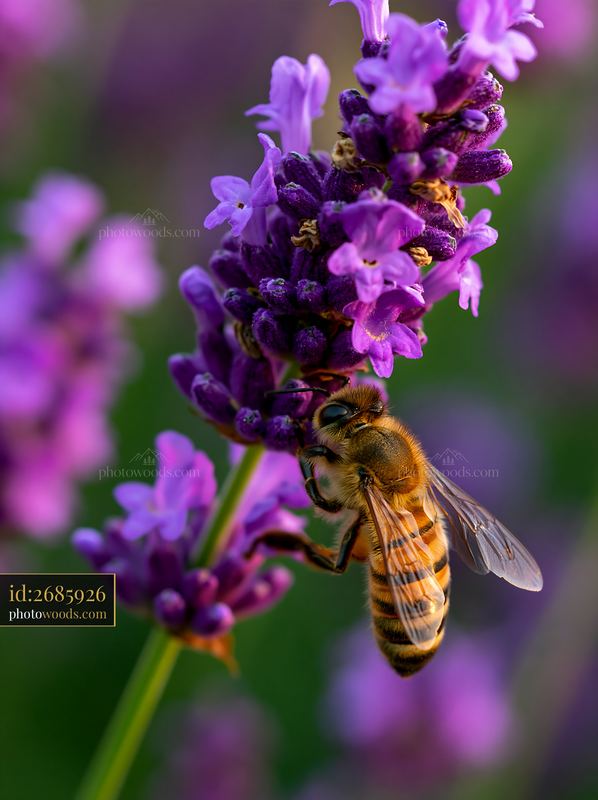 Honey bee collecting nectar on purple lavender flower
