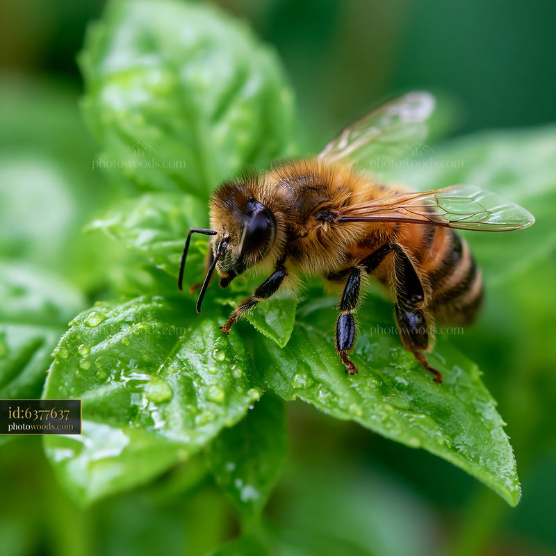 Honey bee foraging on a green basil leaf with droplets of water
