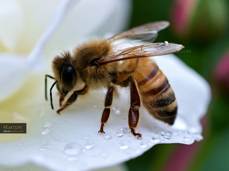 Honey bee crawling on a petal in a garden setting